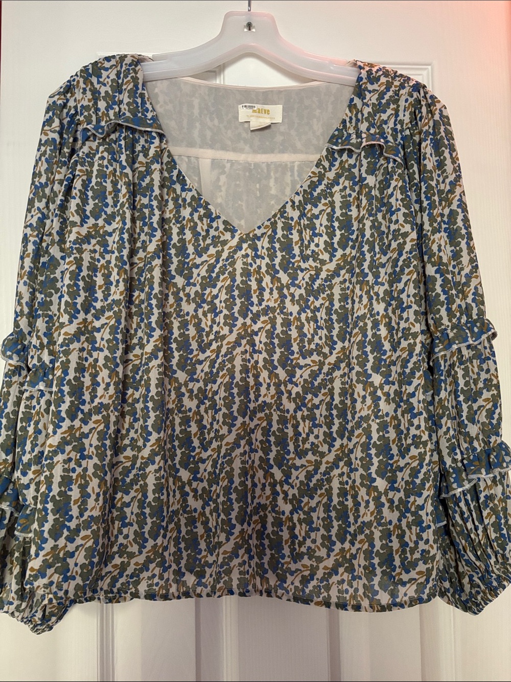 Maeve Blue and Olive Printed V-Neck Blouse